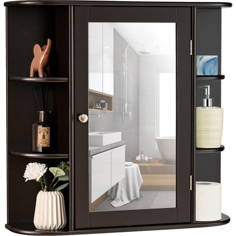 GOPLUS Armoire Murale pour Salle de Bain avec Grande Espace de Stockage, Porte avec Miroir, Materiaux Ecologiques, Plusieurs Tablettes de Differentes Tailles, 65 x 17 x 63CM (Marron) (1/5)