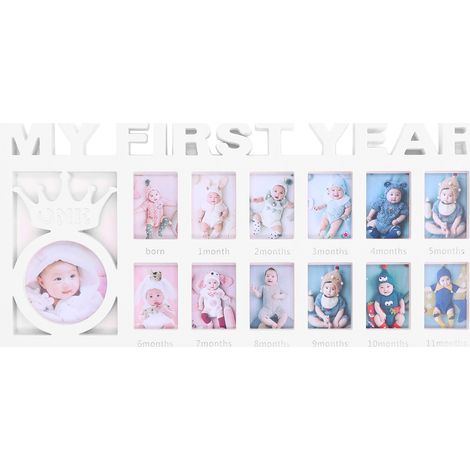 Cornice portafoto per il primo anno del neonato, cornice ricordo mensile per neonati con 12 slot per foto, cornice per foto ricordo delle tappe fondamentali, regalo decorativo, bianco (bianco).