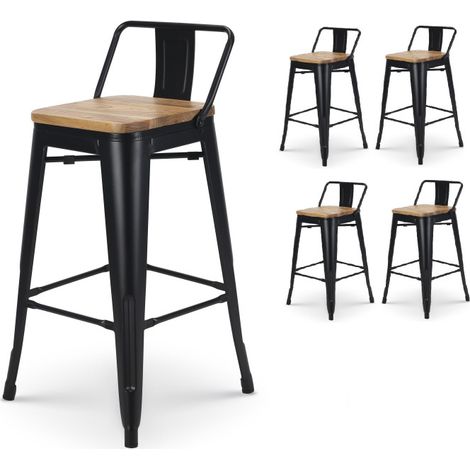Conjunto de 4 taburetes de bar de metal negro mate de estilo industrial con respaldo y asiento en madera clara - Altura 66cm (1/5)