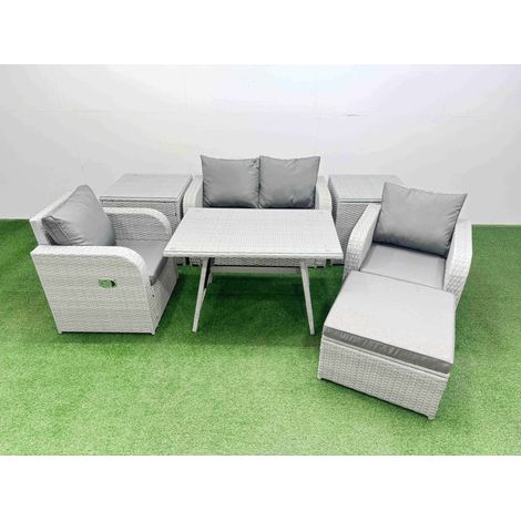 Fimous Light Grey PE Wicker Rattan Garden Furniture Set Sofa Set Reclining Chair Love Sofa Rectangular Dining Table Big Stool 2 Side Tables (1/4)