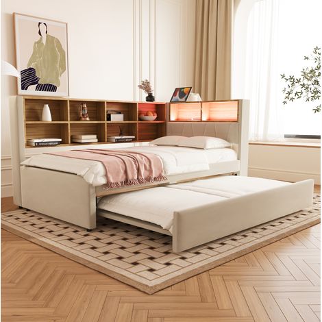 DESVIAE Canapé lit gigogne 90 x 200 cm avec lit tiroir 90 x 190 cm LED ports USB et USB C prises rangements tissu beige (1/5)