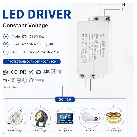 Transformateur LED 12V 15W, Alimentation 1,25A 220V AC Vers DC, Driver à Tension Constante, Anti Surcharge, Anti Court Circuit, Ruban, Spots MR16 G4, Caméra CCTV, Non Dimmable (1/3)