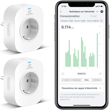 Prise Connectée WiFi Type F Prise Intelligente Suivi Consommation Énergie 2,4 GHz 16A 3680W (1/5)