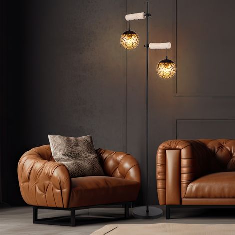 Stehlampe Stehleuchte Standlampe Beistellleuchte Wohnzimmerlampe, Höhenverstellbar, Holz naturfarben Glasschirme amber Metall schwarz, 2x E27 Fassungen, LxBxH 51x25x168cm