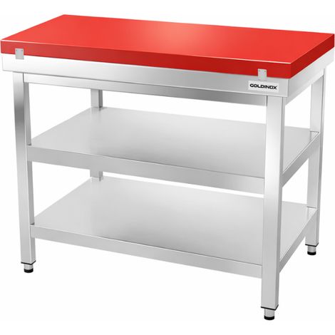 Table de travail en inox 1000x700 mm avec plaque de découpe rouge et 2 étagères PREMIUM - GOLDINOX (1/4)