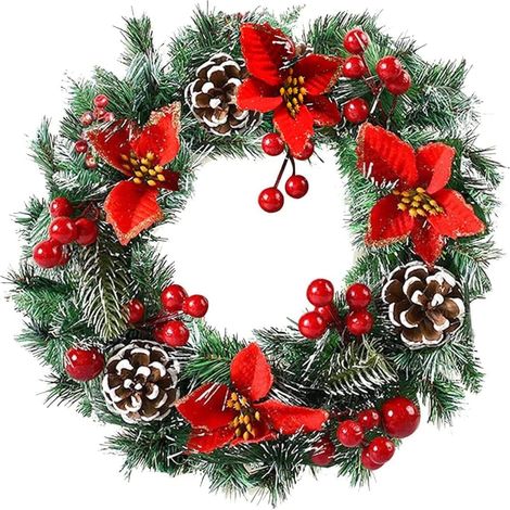 Couronne de Noël de 40,6 cm, couronne de Noël extérieure avec lumières LED, 4 fleurs de poinsettia artificielles rouges, boules de Noël, pommes de pin, baies pour porte, mur,cheminée, décoration de la (1/5)