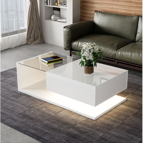 Couchtisch mit Glasplatte und LED 16 Farben, Stauraum, Hochglanz Weiß HAVRYA (1/5)