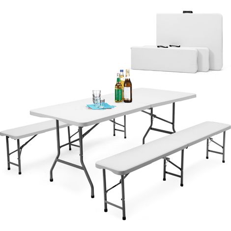 Ensemble de tente à bière pliable en plastique Table + 2 bancs avec poignées de transport Salon de jardin Chapiteau de 180 cm Table à bière pour le jardin, blanc (1/5)