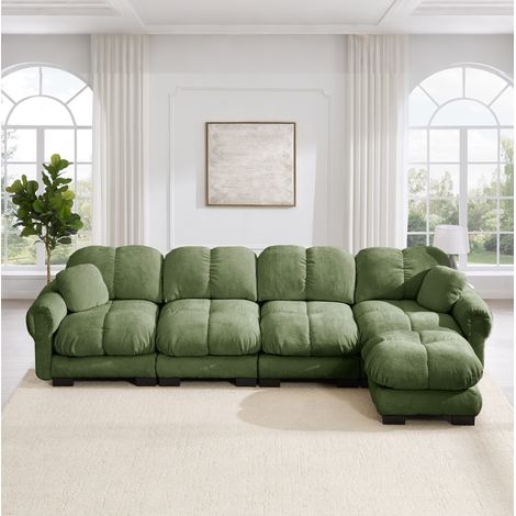Divano angolare a L 4 posti in ciniglia verde, modulare con ottomana mobile, 330 cm (1/5)