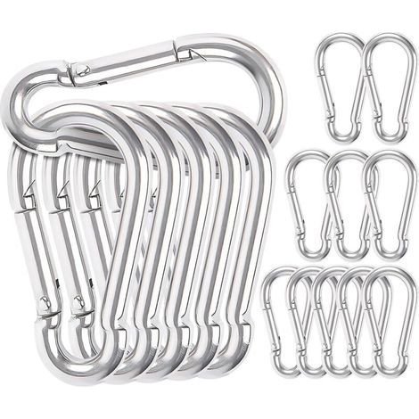 Packung mit 16 Karabinern, 6 x 60 mm, Stahlkarabiner, Schlüsselkarabiner, für Hängematten, Federkarabiner, M6, Camping-, Angel-, Schaukel- und Wanderzubehör (Silber) (1/5)