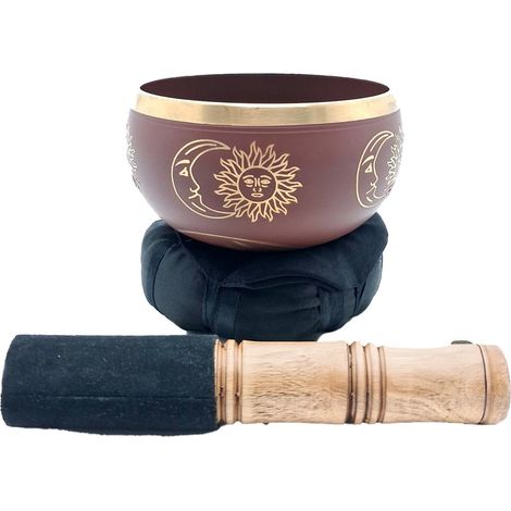 Cuenco tibetano de latón granate sol y luna con cojín 11 cm (1/5)