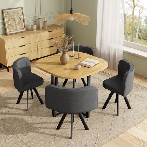 Set table à manger 85x85x74cm + 4 chaises en lin, plateau chêne, pour cuisine et salle à manger, Pour 4 personnes, gris+chêne