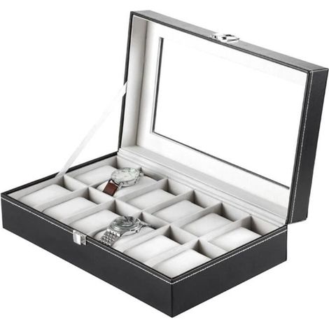 Boîte à montres 12 pièces, compartiments ajustables, finition élégante, boîte de rangement et présentation pour montres et bracelets, usage professionnel ou domestique (1/4)