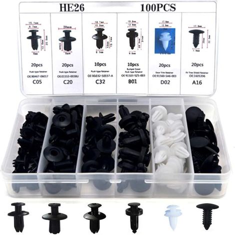 SABIR Rivet Clips Plastique - Rivets Plastiques Fixation de Protection Noir Universel pour Auto Voitures Panneaux de Portes avec Boîte De Rangement et Outil Installation 100Pcs (1/5)