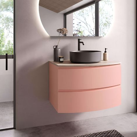 Mobile bagno sospeso 80 cm ZORA Rosa Opaco con top e lavabo d'appoggio (1/3)