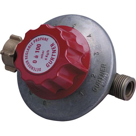 Gurtner – Détendeur gaz propane réglable basse pression 4kg/h – 0 à 100 mbar – Entrée écrou bouteille – Sortie M20x150