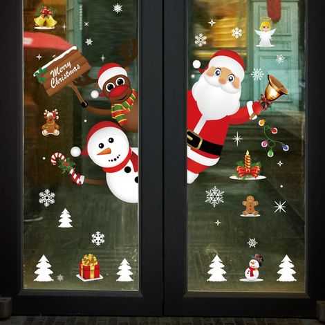 Grands stickers muraux de Noël, déco hivernale, adhésifs flocons blancs, 15 planches avec Père Noël, renne, bonhomme de neige, pour vitres et maison (1/5)