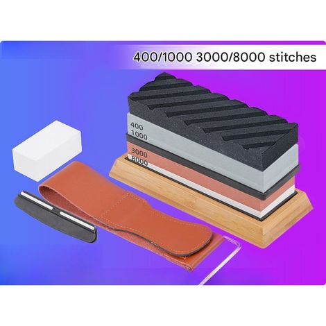 Professioneller, doppelseitiger Schleifstein mit zwei Funktionen, Körnung 400/1000 + 3000/8000, inklusive Basis, Abziehriemen und Ölstein. (1/5)