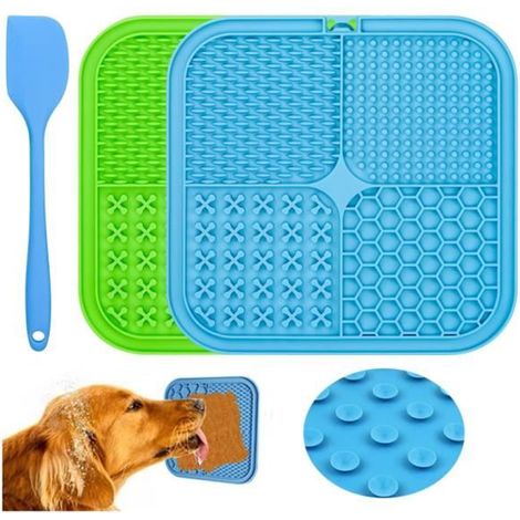 Tapis de Lèche Chien, 20 × 20 cm Tapis à Lécher pour Chien sans BPA avec Spatule en Silicone Chien avec Ventouse (Vert+Bleu) (1/4)