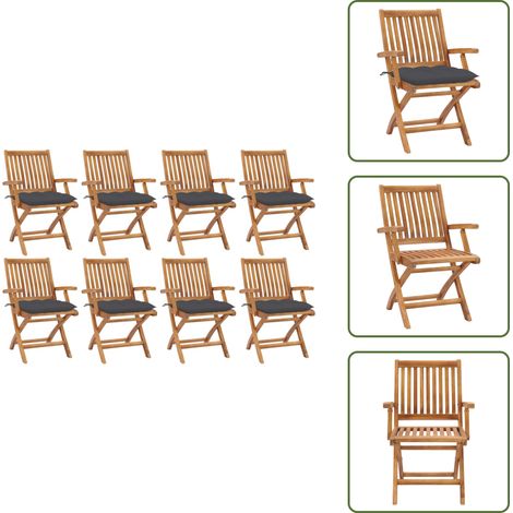 The Living Store Chaises pliables de jardin avec coussins lot de 8 Teck solide - Chaises de jardin en teck (1/5)