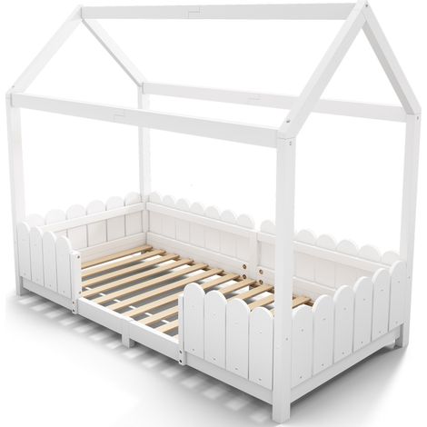 Letto casetta per bambini 90x200 cm bianco con barriera di sicurezza e rete (1/5)