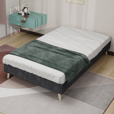 Cadre lit minimaliste 90x200 cm velours hollandais gris socle bas sans tête ni matelas (1/5)