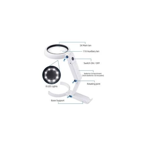 Lupa de mano iluminada con soporte, lupa de mesa 5X 11X con soporte plegable, lupa de lectura, lupa de mesa con 8 luces LED, para lectura, inspección, soldadura y manualidades - Crezuo