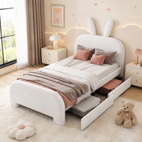 Kinderbett 90x200 cm aus MDF und Plüschstoff, Weiß, 2 Schubladen, ohne Matratze – MEUBLIV (1/5)