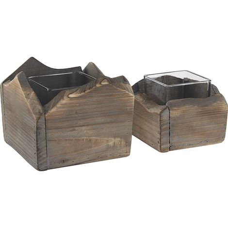 Set of 2 Candle Holders PLATEROS Fir Wood 15/12 cm Dark Brown