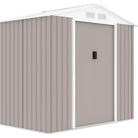 Abri de jardin en métal 2,71 m² - 213 x 127 x 195 cm - PLUTON - Kit d'ancrage inclus, 2 portes coulissantes - Taupe (1/4)