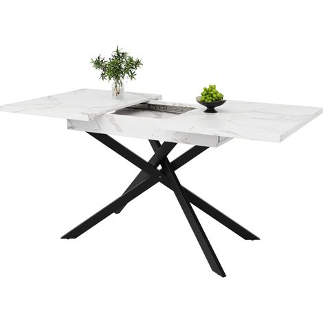 Table à manger extensible 120-160 cm avec plateau en MDF marbré et pieds croisés en métal noir (1/5)
