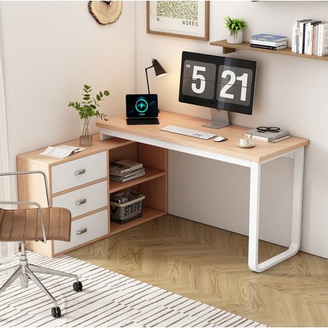 Scrivania 147x100x75,3 cm in MDF e metallo naturale, con vano portaoggetti, FLORAGRACE (1/5)