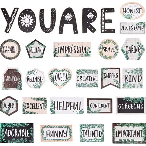 28Pcs/Set Eucalyptus Affirmation Station Bulletin Board Kit avec 40Pcs Colle Points Message Positif décor Mural Bulletin Board Positif Salle Classe Bureau Maison Design Naturel (1/5)