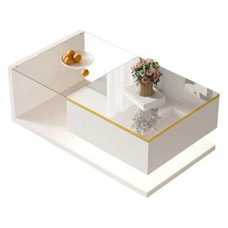 Table basse longue, blanc brillant. Tables d'appoint, tables basses avec verre et éclairage LED.