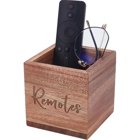 Support de télécommande en bois naturel de 8,8 x 8,8 x 9 cm - Petit panier en bois d'acacia pour télévision, fournitures de bureau, lunettes, lecteur multimédia (1/5)