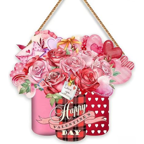 New Valentine's Day Wooden Hanging Ornament with Roses and Hearts - Farmhouse/Family Welcome Sign - 28x26cm