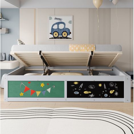 DESVIAE Lit enfant avec rangement hydraulique tableau noir et panneau en feutre étagère réversible gauche droite sommier à lattes bois gris 90 x 200 cm (1/5)