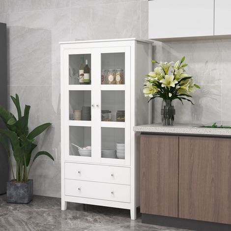 Mobiletto da soggiorno/credenza da cucina con 2 ante in vetro, 3 ripiani, 2 cassetti per sala da pranzo/ufficio, 80x40x160 cm, bianco
