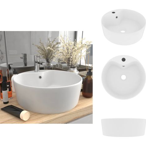 Luxus-Waschbecken mit Überlauf Matt-Weiß 36x13 cm Keramik - Rundes Waschbecken - Keramikwaschbecken - Mattweißes Waschbecken - Aufsatzwaschbecken - Badezimmerarmatur (1/5)