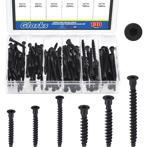 130pcs M5 x 35/40/50mm M7 x 40/50/70mm Noir Kit de vis, Acier au carbone Hex Socket Drive Auto-Tapping Vis, Hex Socket Meubles Vis pour Cabinet, Chaises (1/5)