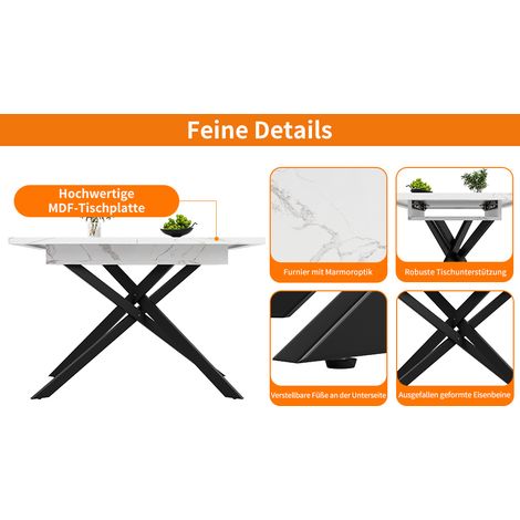 Table à manger blanche effet marbre extensible en MDF avec pieds croisés en métal de 120 à 160 cm pour cuisine salon et salle à (1/5)