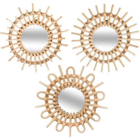 Set mit 3 runden Spiegeln – Naturrattan – Dekoratives Sonnenstrahlenmuster – Für Wohnzimmer und Eingangsbereich – Durchmesser 28 cm (1/5)