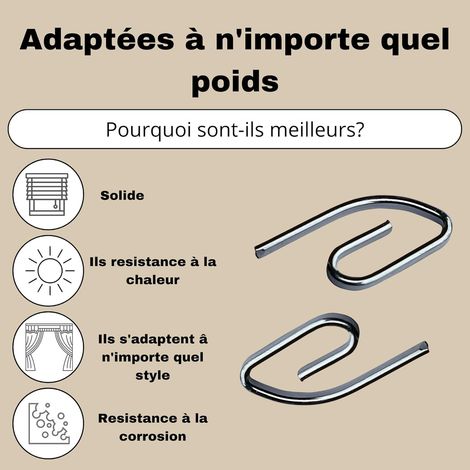 Kit de 50 crochets métalliques pour rideaux. Installation sans perçage. Plus résistants que les crochets en plastique. (1/5)