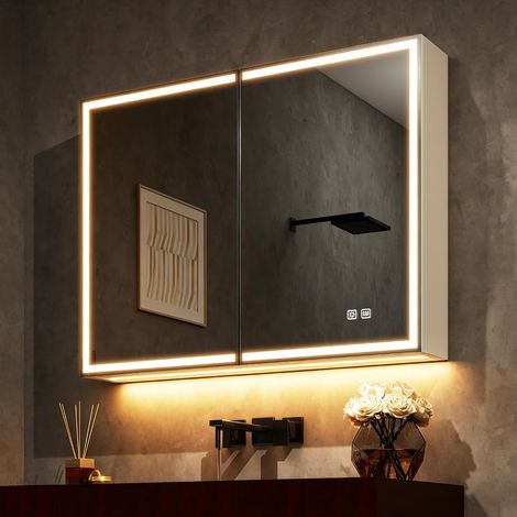 60x80cm Armoire Salle de Bain Miroir LED, Anti-buée, Blanc Crème (1/5)