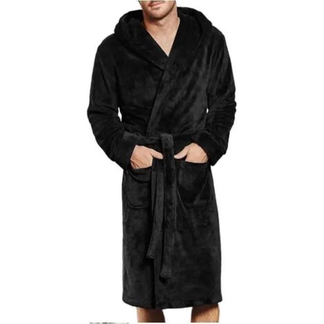Peignoir en flanelle à capuche, 2 poches, ceinture ajustable, doux et absorbant, noir (1/3)