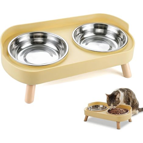 Lot de 2 gamelles surélevées pour chat - 400 ml - En acier inoxydable - Avec support - Gamelles d'eau - Pour eau, nourriture, chats, petits chiens et chats - Jaune (1/5)