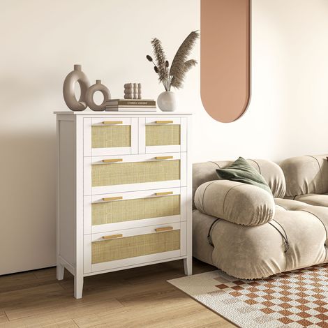 Commode 5 tiroirs poignées en bois massif glissières en métal pour bureau salon chambre à coucher 77 x 37 x 104 centimètres blanc