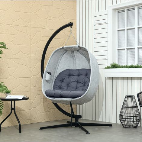 Sillón colgante de exterior de acero gris con soporte, diseño huevo plegable, cojín grueso y portavasos (1/5)