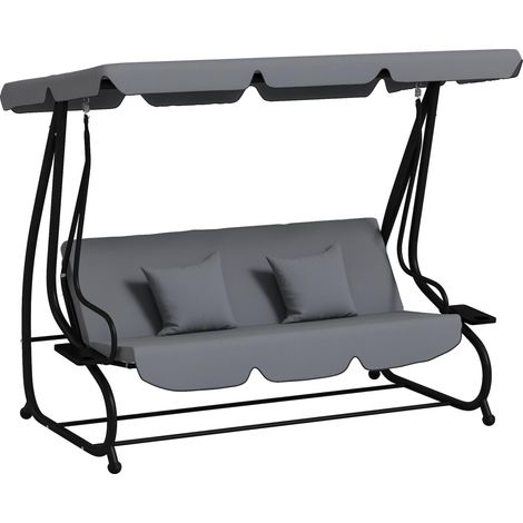 Balancelle de jardin 3 places convertible toit inclinaison réglable 2 tablettes 2 x 1,2 x 1,64 m acier gris foncé (1/5)