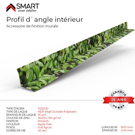 Profil d`angle intérieur Tôle bac acier - Toiture - Couverture - plaque H12 Coloris Apple Tree Printech L=2m